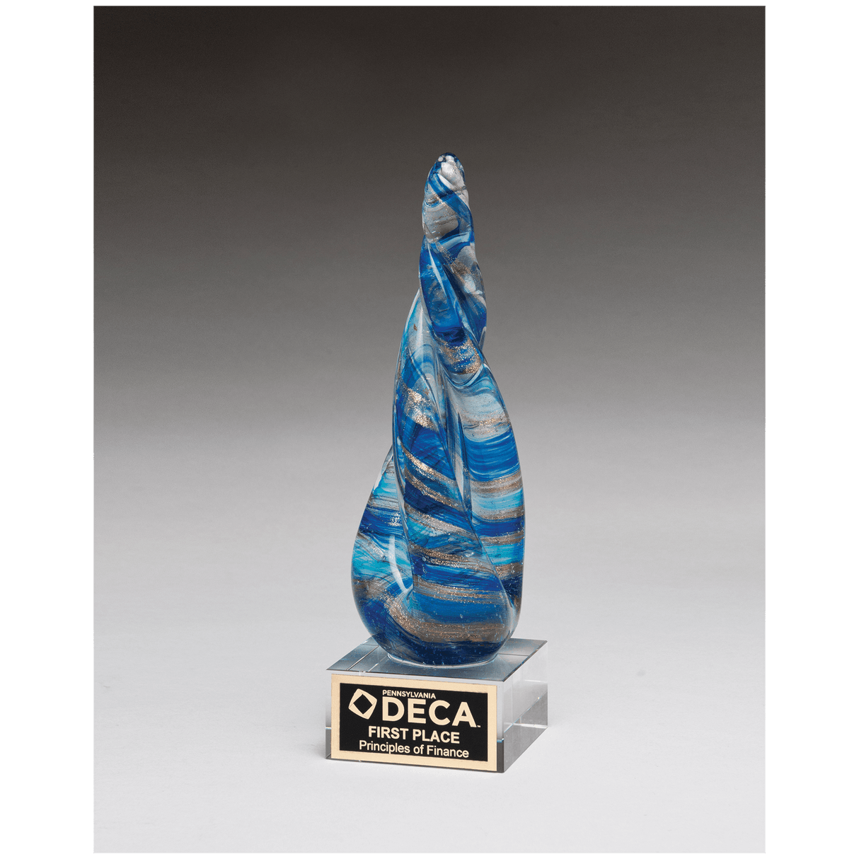 8 3/4" Twist Blue & Teal Art Glass with Gold Metallic Accent on Clear Glass Base and Black Laser Aluminum Plate