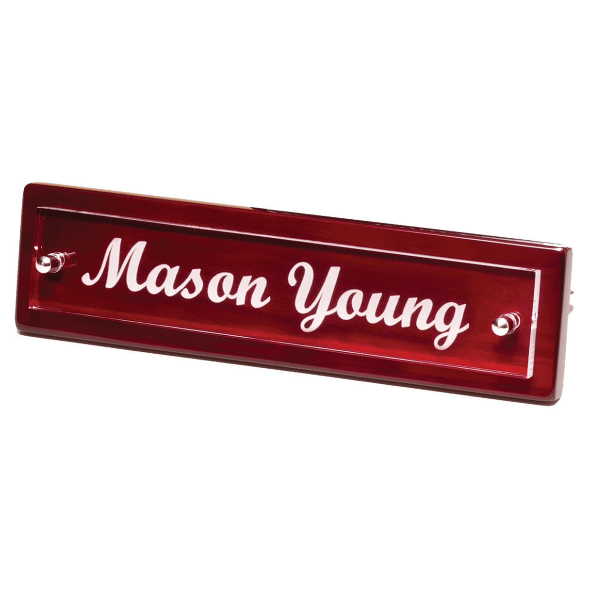 9 1/4" x 2 1/8" Rosewood Piano Finish Nameplate with Acrylic Engraving Plate, Two Silver Posts