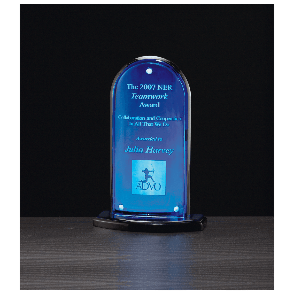 5" x 8" Arch Series Acrylic, Blue Mirror Upright, Black Base with Convex Acrylic Front