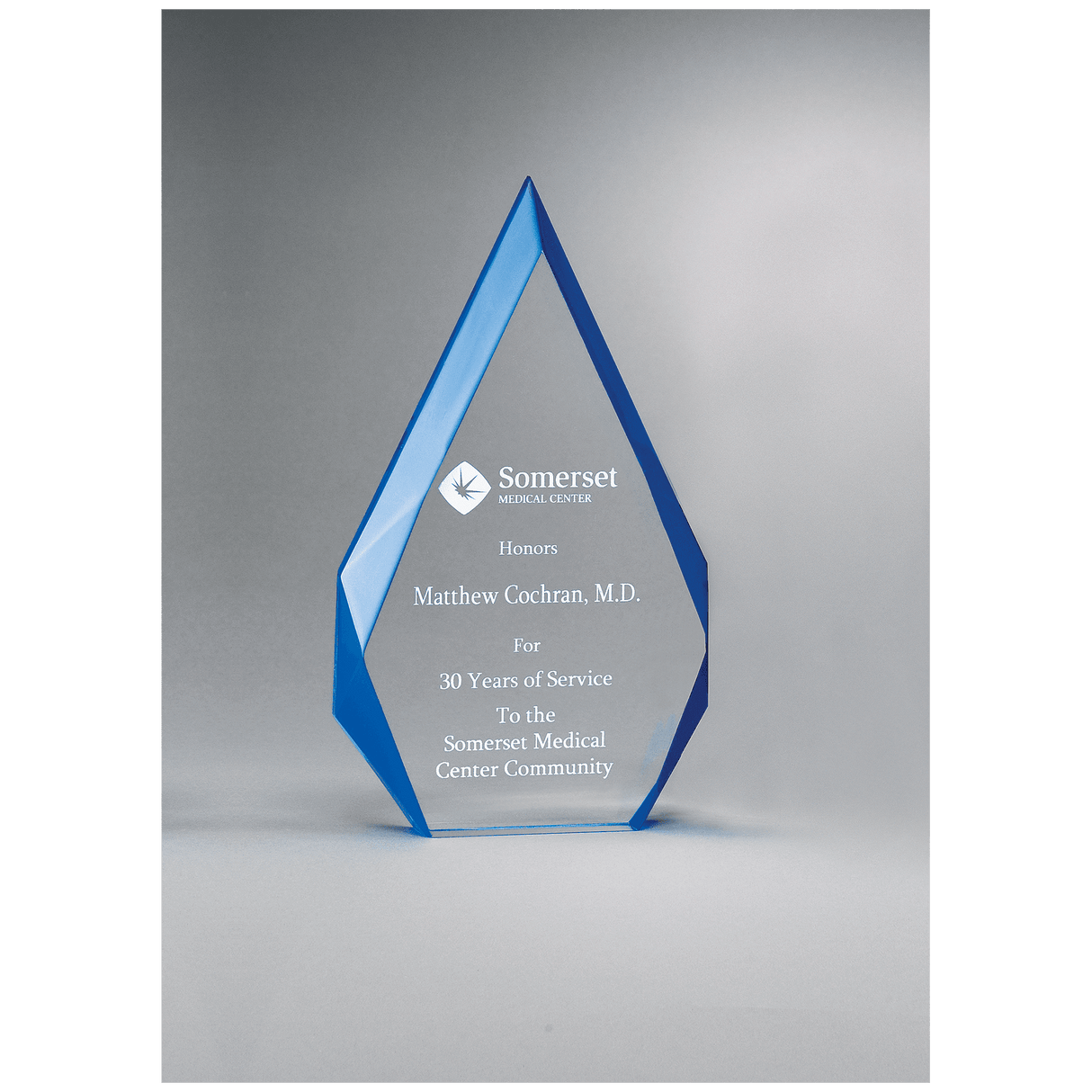 4 1/4" x 7 7/8" Flame Series Clear Freestanding Acrylic with Blue Accented Bevels