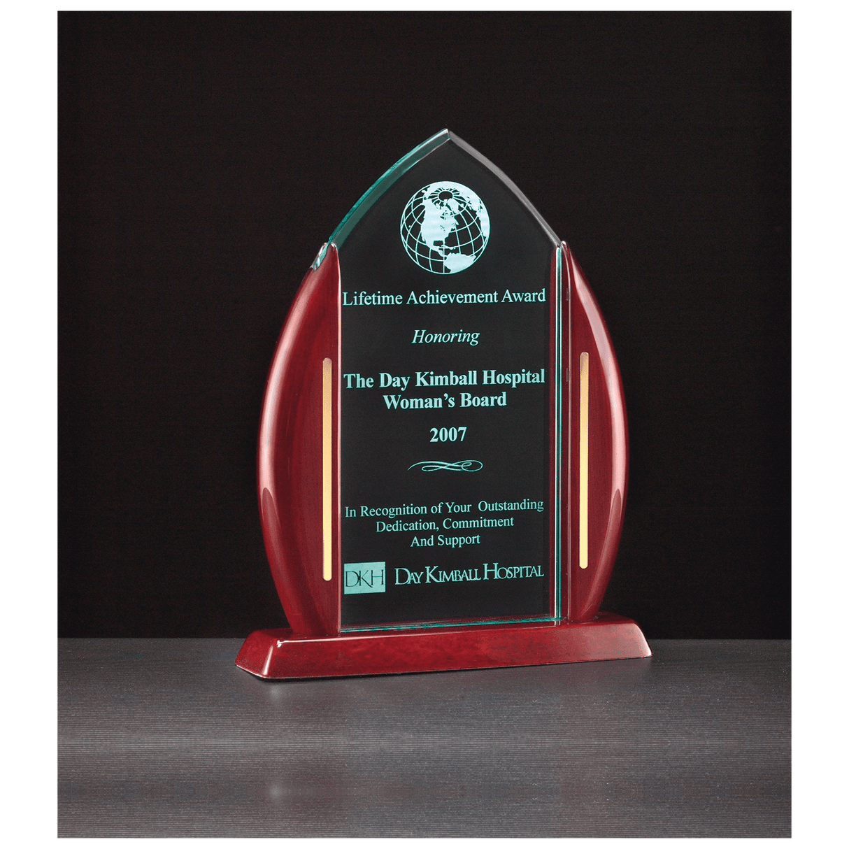 7 1/2" x 9 5/8" Flame Jade Acrylic with Rosewood Piano Finish Base and Posts, Gold Metal Accents