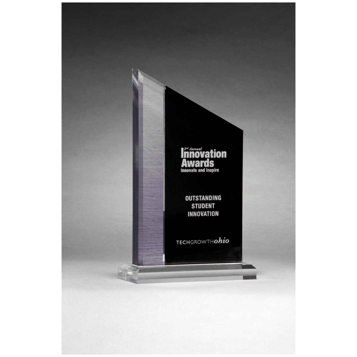 6" x 8" Digitally Printed Brushed Silver Accent on Black Upright Acrylic with Clear Base