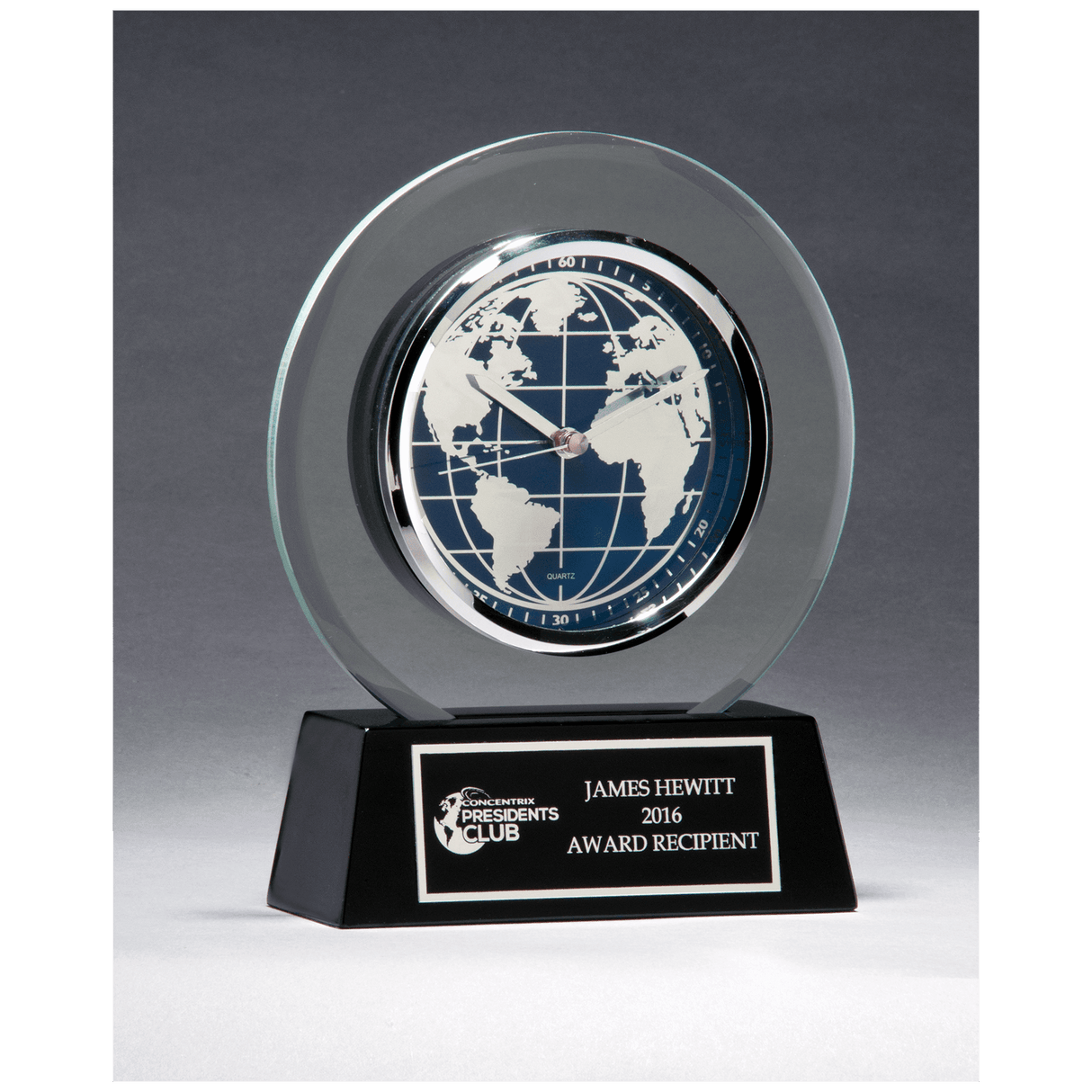 7 1/4" x 8 3/4" Glass Clock with World Dial on Black High Gloss Base, Black Plate