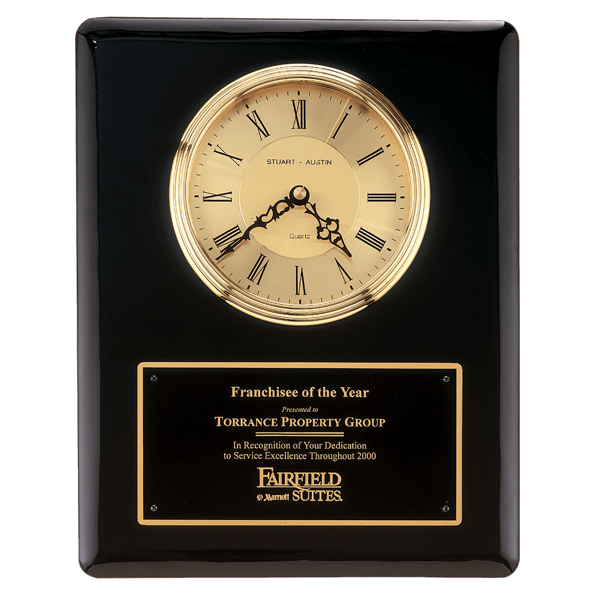 10 1/2" x 13" Black Piano Finish Clock, Waterfall Bezel with Glass Lens, Gold Dial, Plate