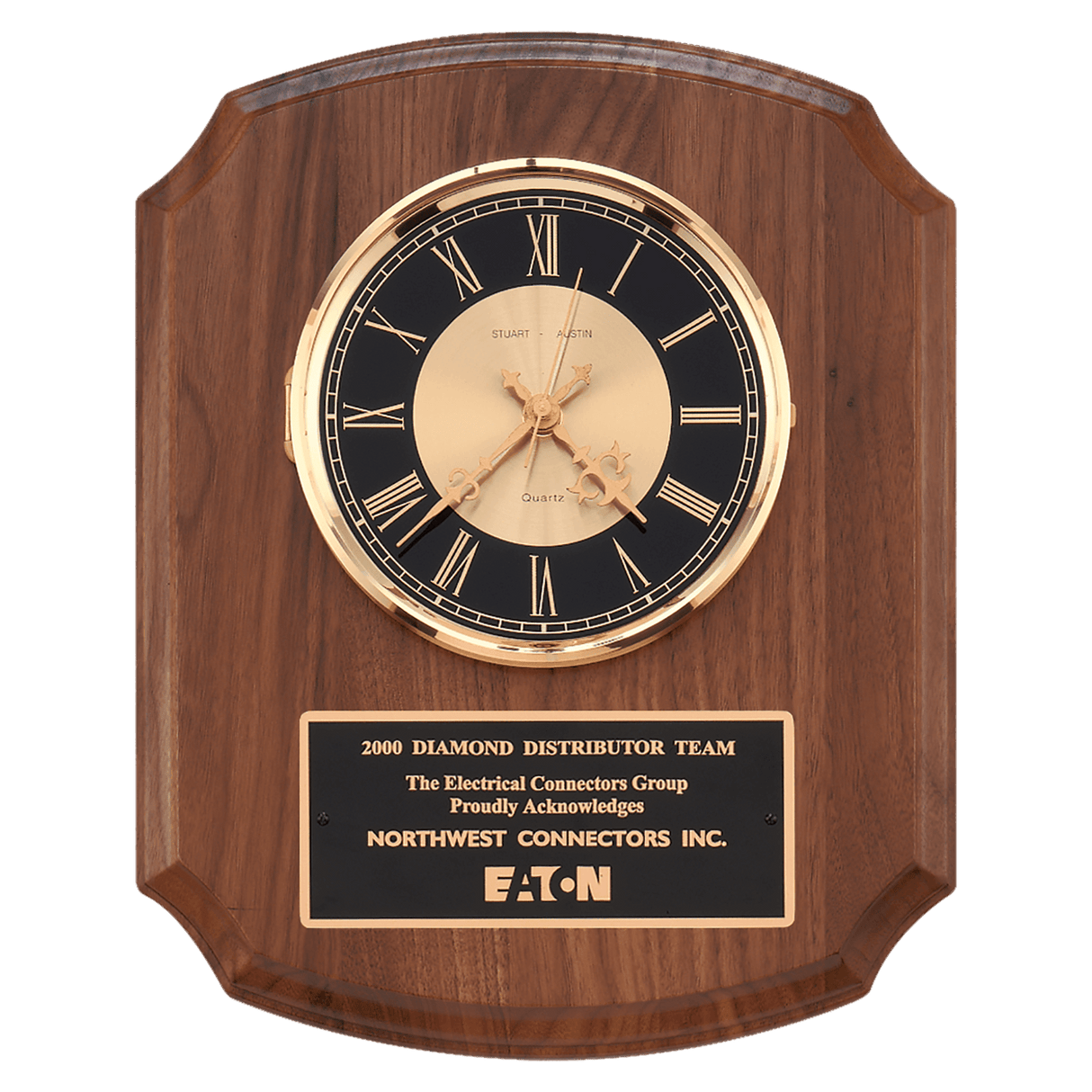 10 1/2" x 13" Walnut Quartz Clock, Brass Diamond Spun Bezel, Glass Lens, Black & Gold Dial