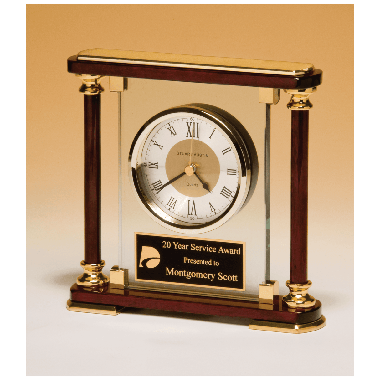 7" x 7" Glass and Rosewood Piano Finish Clock with Gold Metal Accents and Black Plate