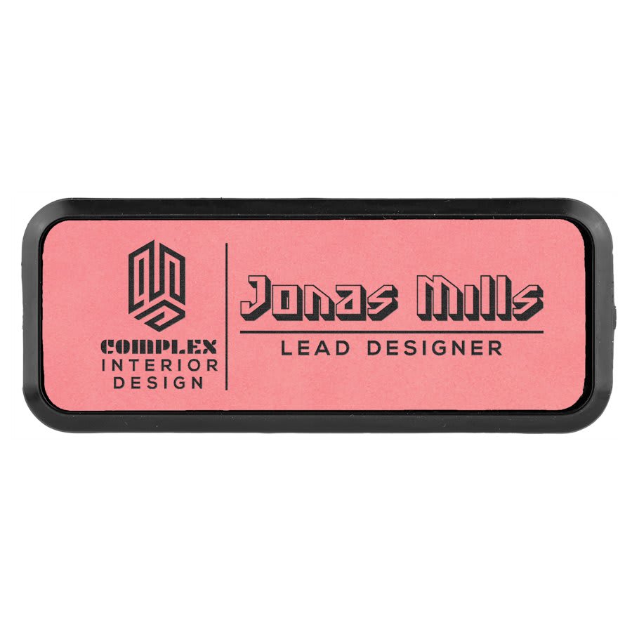 Pink 3" x 1" Laserable Leatherette Round Corner Badge & Frame