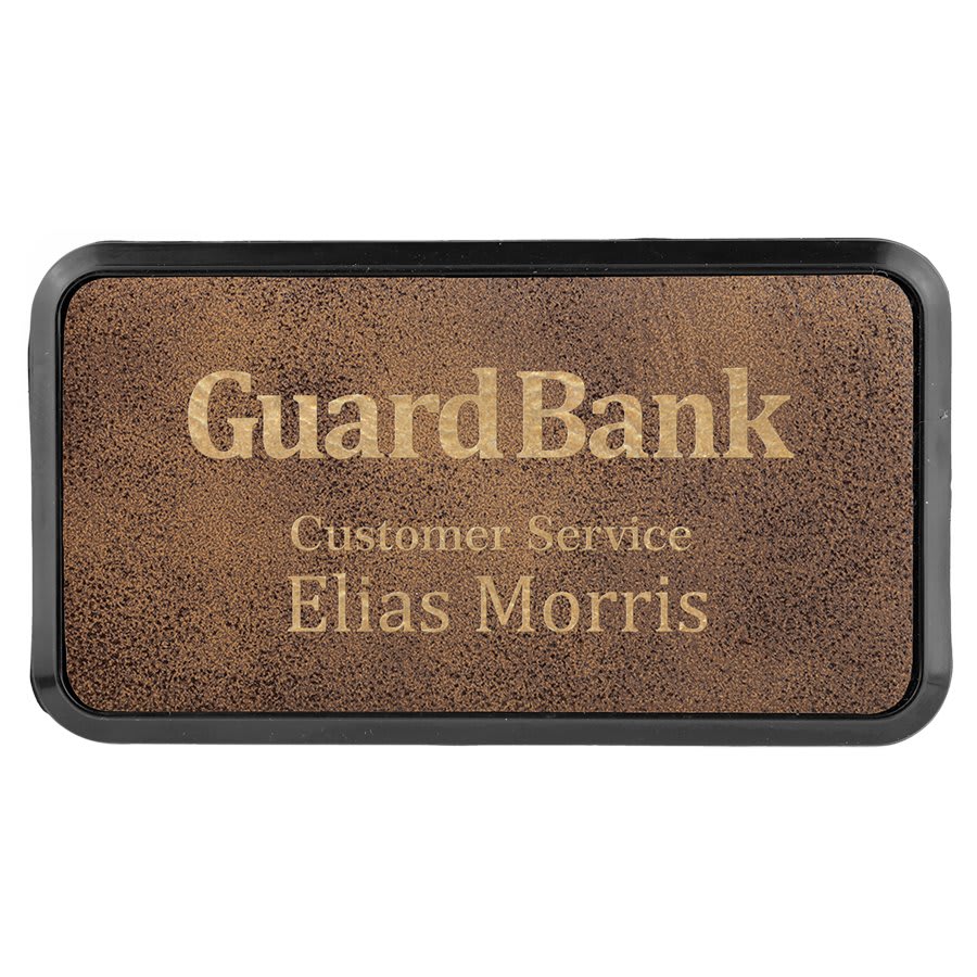 Rustic/Gold 3" x 1 1/2" Laserable Leatherette Round Corner Badge & Frame
