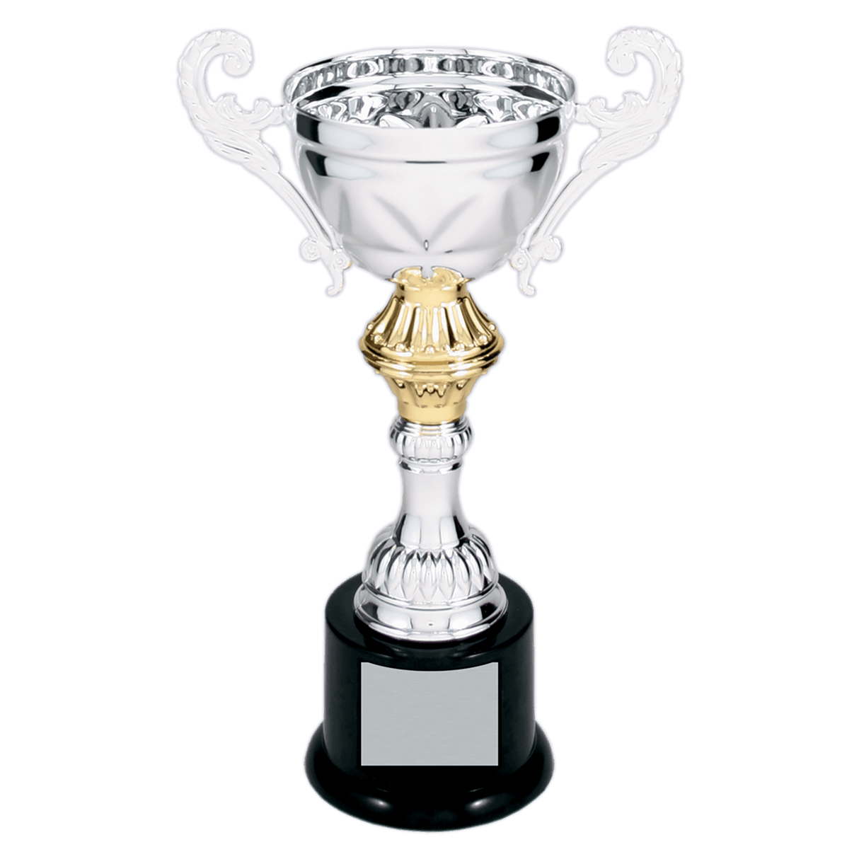Silver 8 3/4" Completed Metal Cup Trophy on Plastic Base