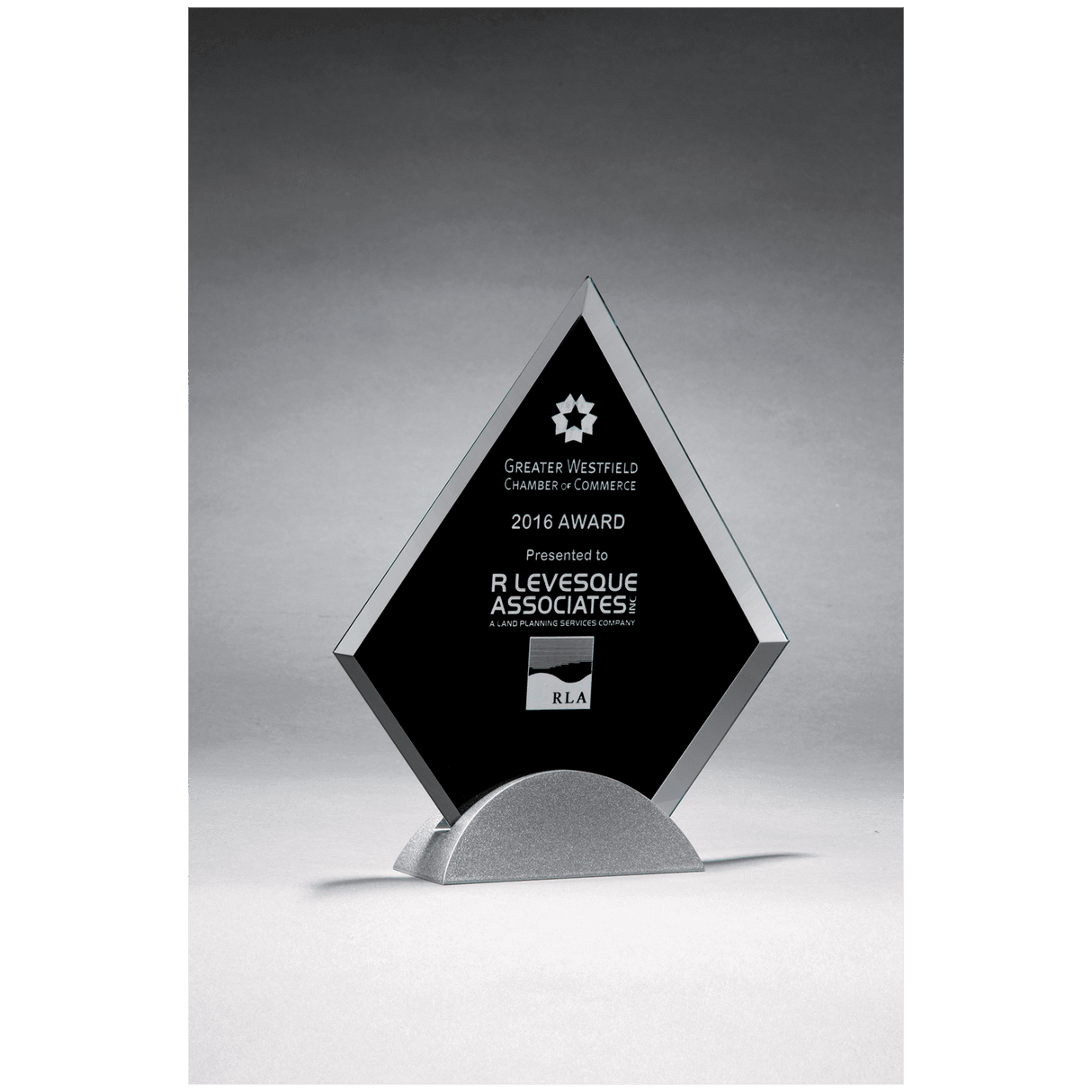 7 1/8" x 8 1/4" Diamond Shaped Glass Award, Black Silkscreen on Silver Metal Base