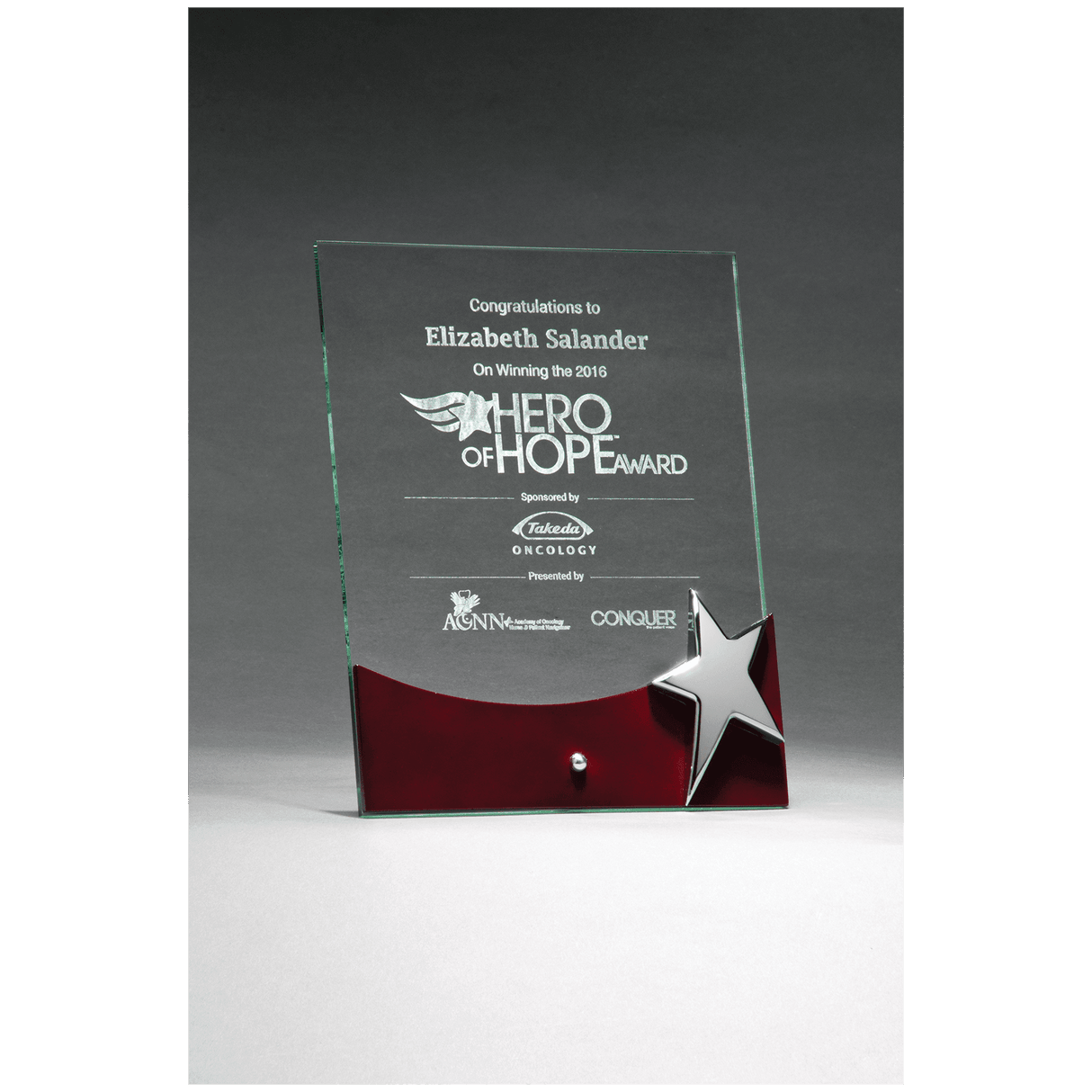 8" x 10" Freestanding Glass Award with High Gloss Rosewood Accent and Silver Star