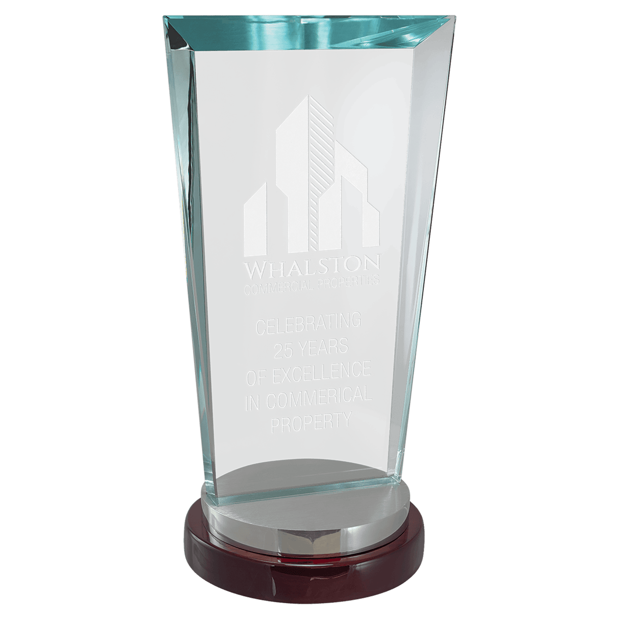 4 1/4" x 8 1/8" Premium Series Clear Glass Award with Rosewood and Alumi num Base