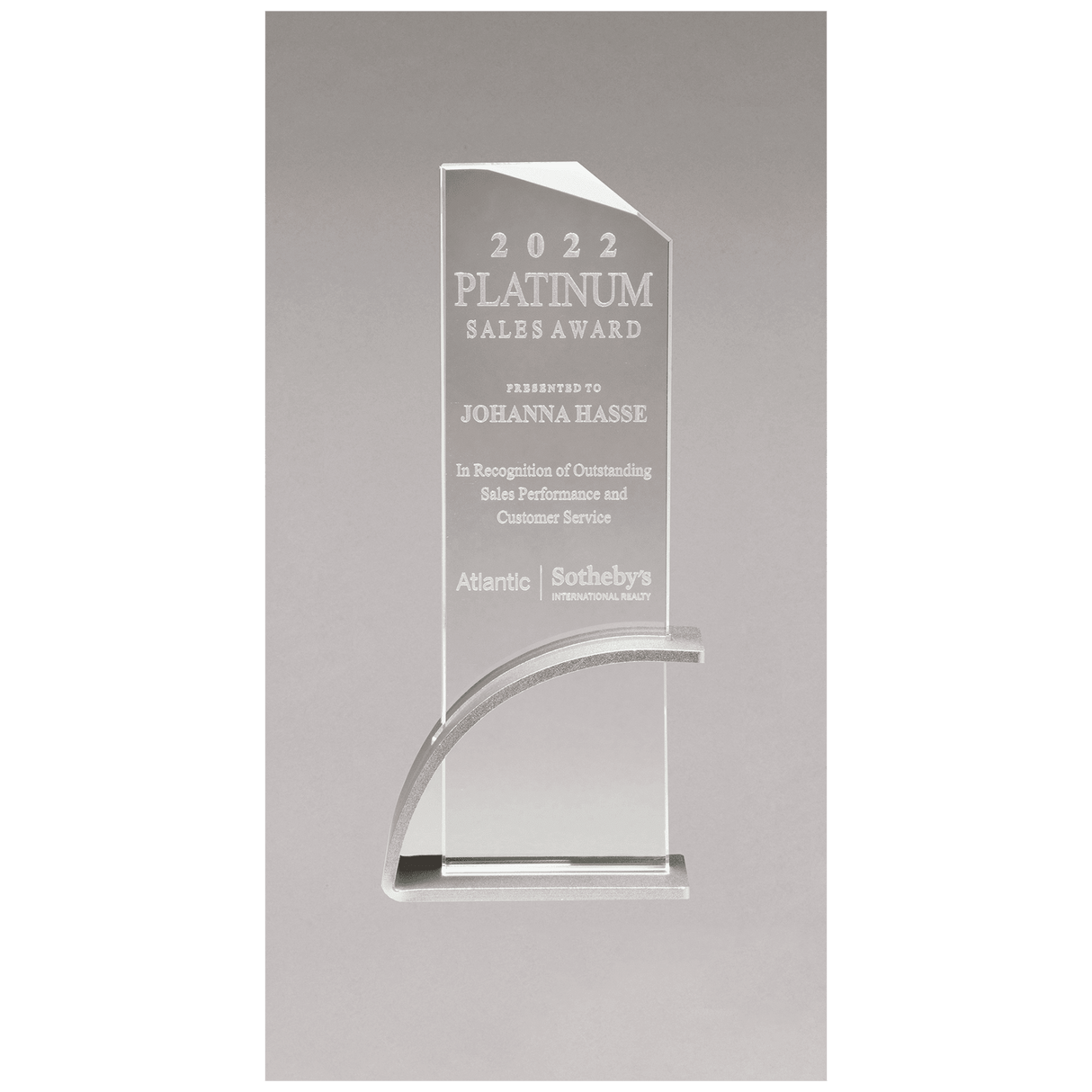 3 7/8" x 10 1/8" x 1/2" Thick Silver Contemporary Clear Glass Award, Arched Base with Matte Metallic Finish