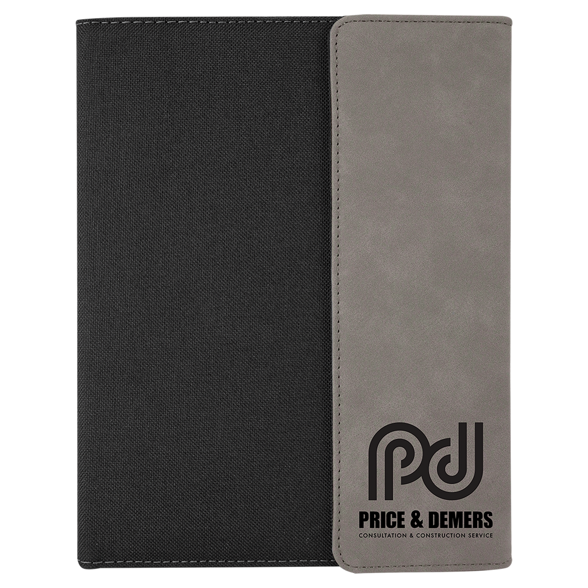 7" x 9" Gray Laserable Leatherette / Black Canvas Portfolio with Notepad