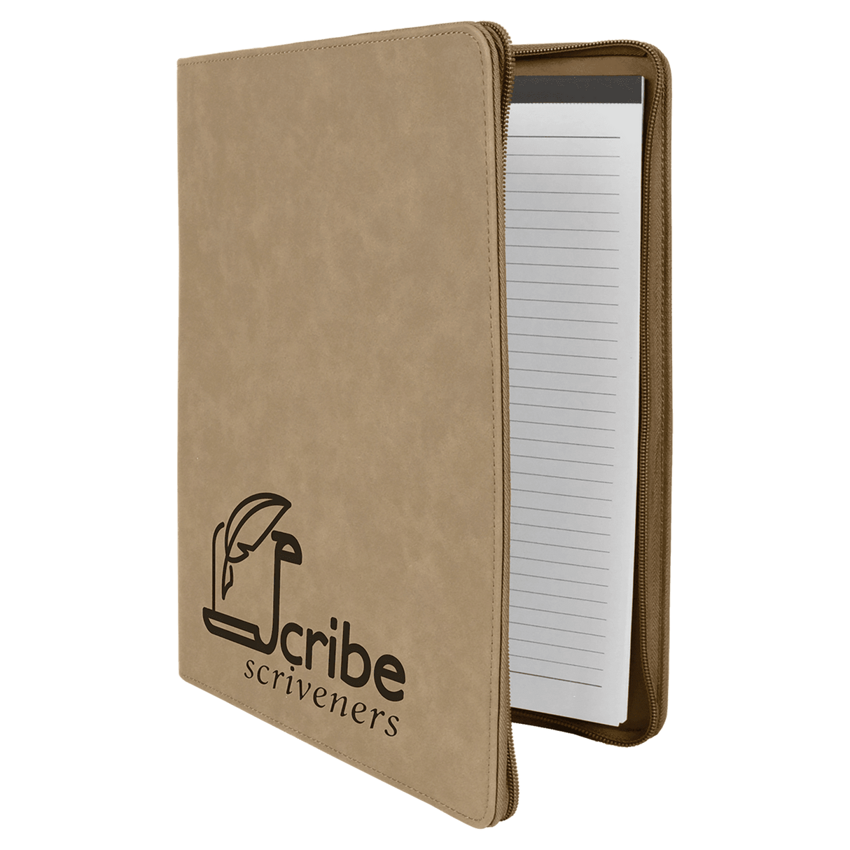 9 1/2" x 12" Light Brown w/ Zipper Laserable Leatherette Portfolio with Notepad
