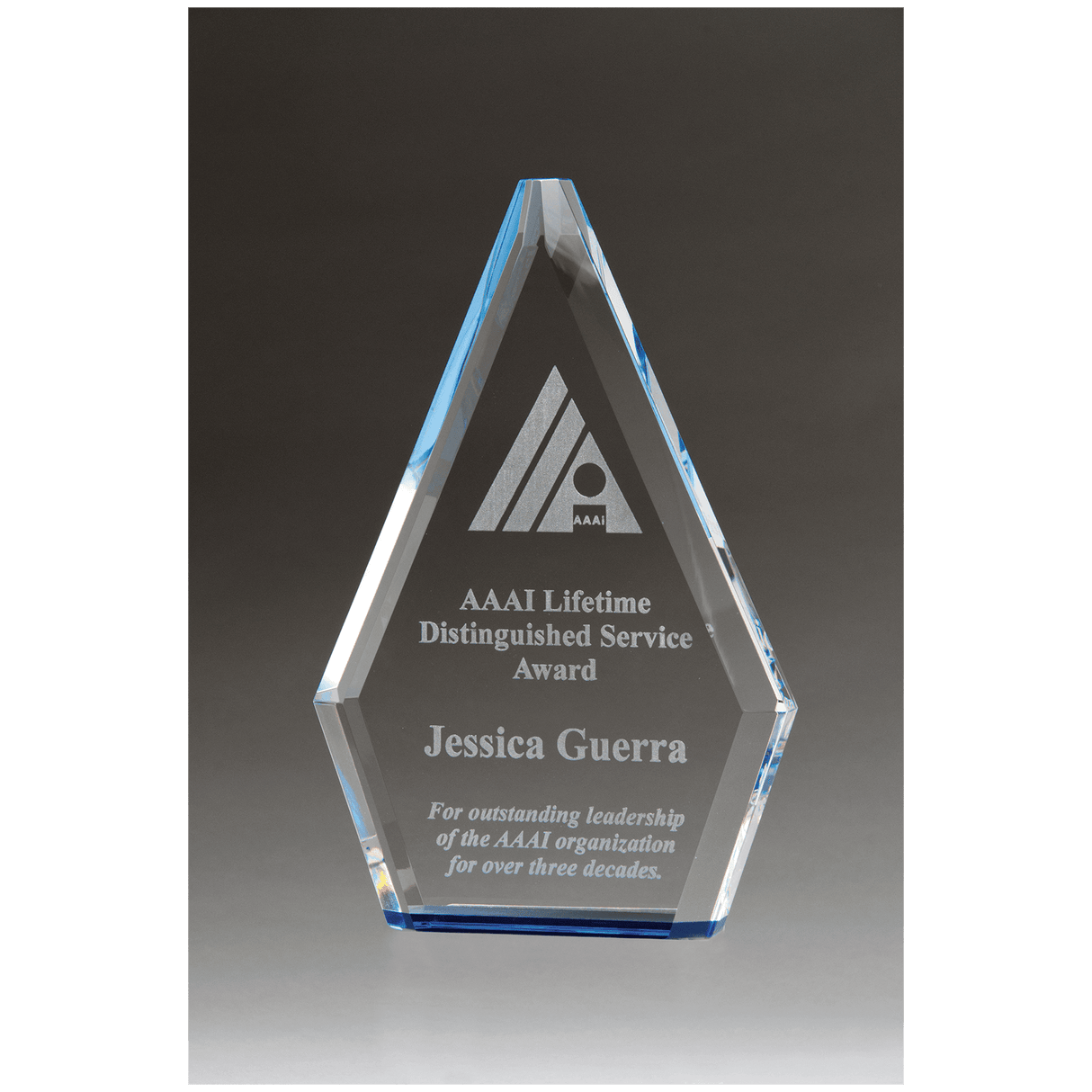 5 1/2" x 8" Flame Series Clear Crystal Award with Blue Accen ted Bottom