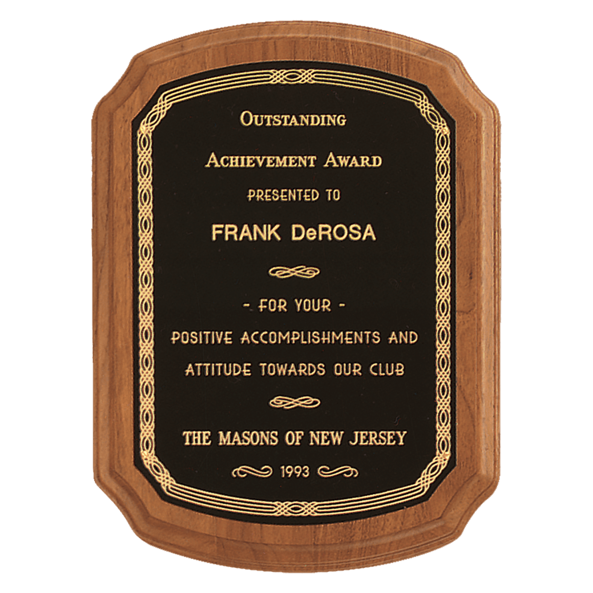 9" x 12" Coventry Series American Walnut Plaque with Gold Border Laserable Black Brass Plate