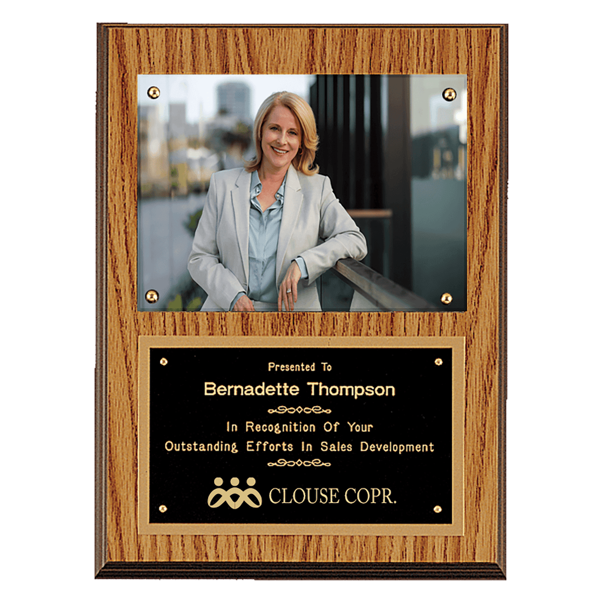 9" x 12" American Oak Finish Photo Plaque with Black Brass Plates-Photo Size 5" x 7"