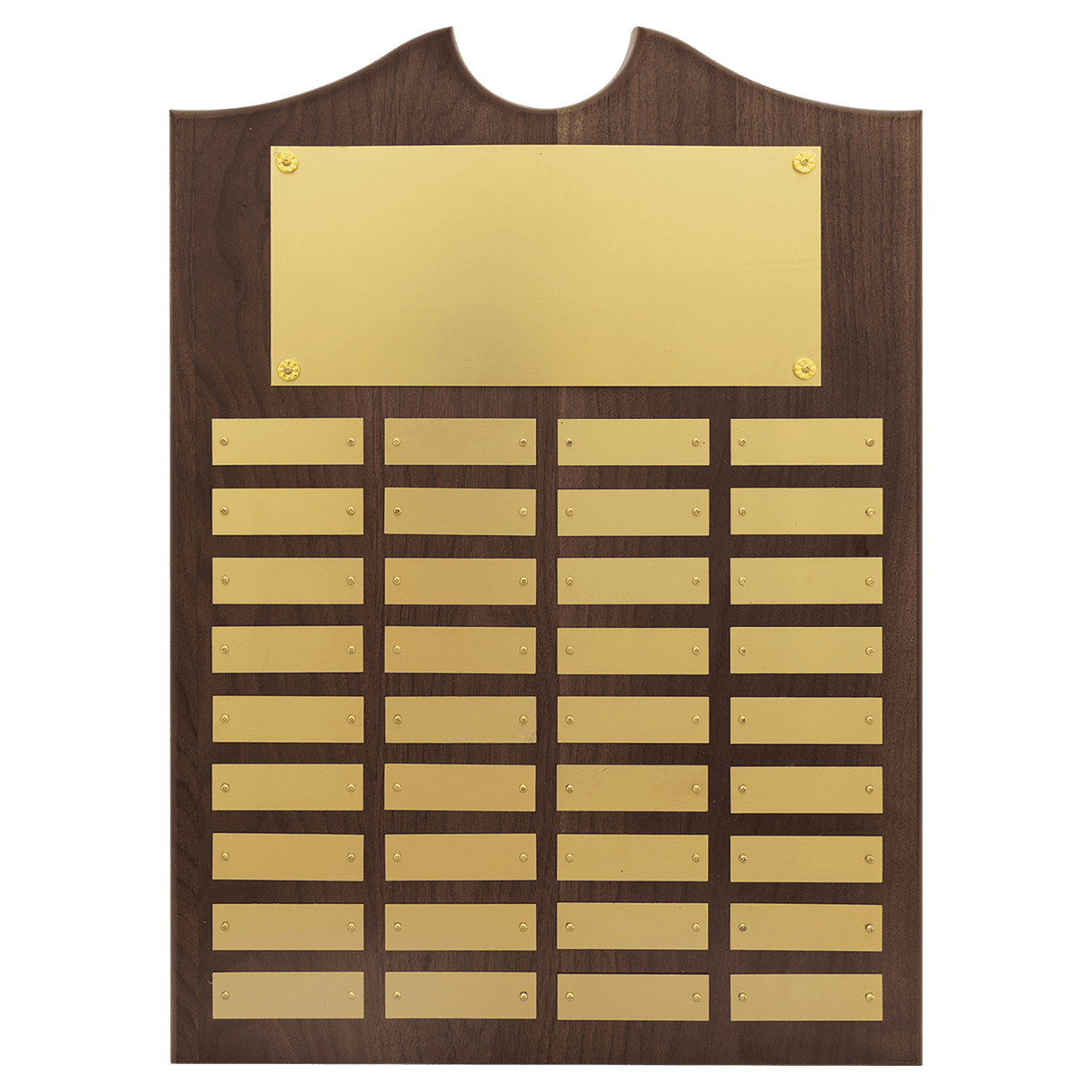 Walnut 36 Plate Perpetual Plaque with Brushed Brass 14" x 20"/Plates 7/8" x 2 3/4" American Plates