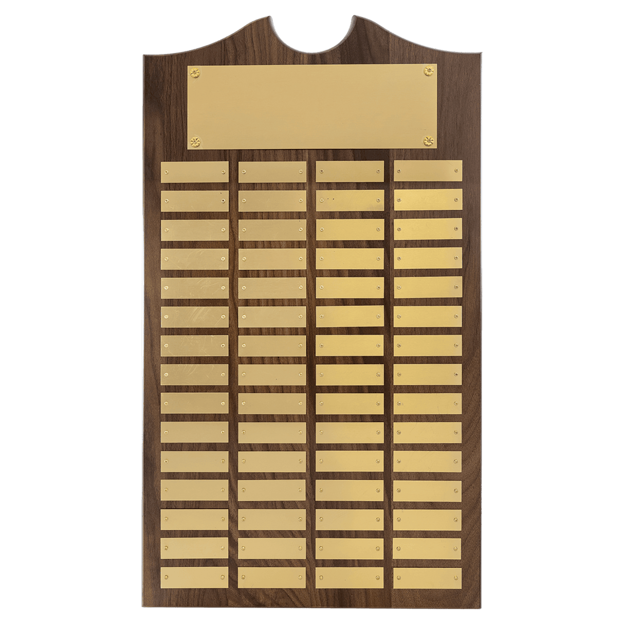 Walnut 60 Plate Perpetual Plaque with Brushed Brass 14" x 25"/Plates 7/8" x 2 3/4" American Plates