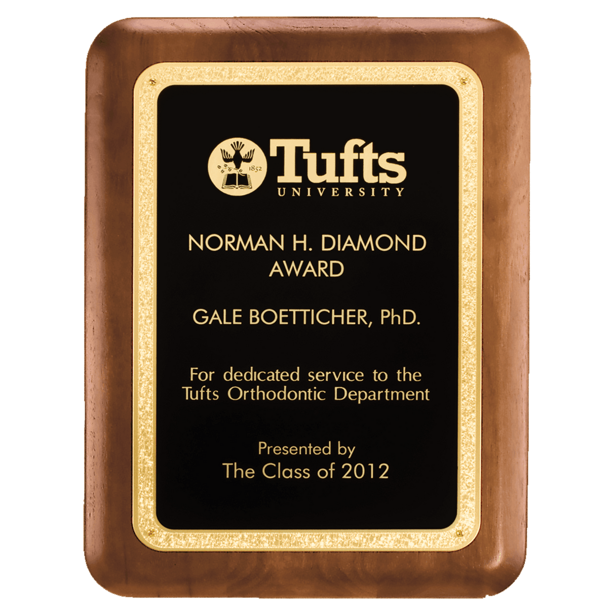 7" x 9" American Walnut Plaque with Textured Black LaserFX Plate with Gold Florentine Border