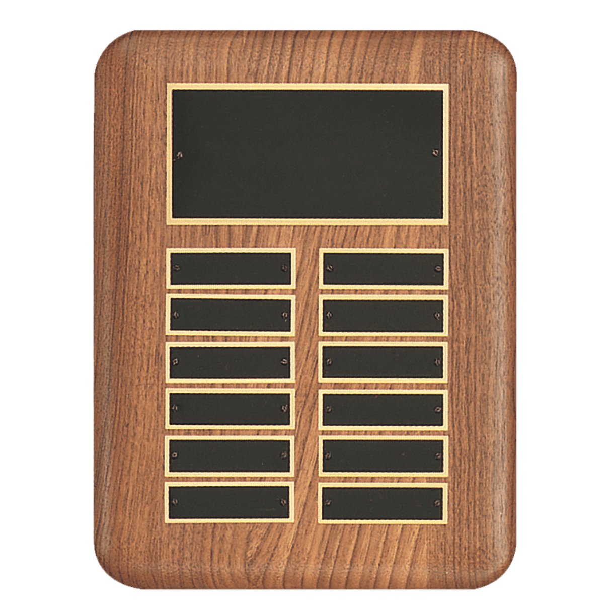 9" x 12" /Plates 7/8" x 2 3/4" American Walnut 12 Plate Perpetual Plaque with Black Brass Header Plate