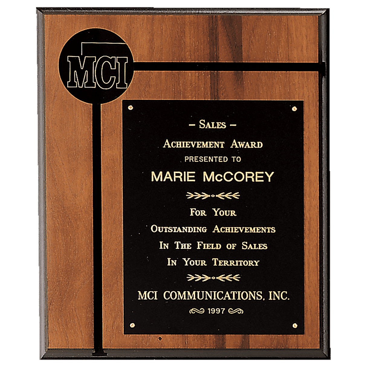 10" x 12" American Walnut Routed Plaque w/Black Brass Plate and 2 1/2" Black Brass Disc