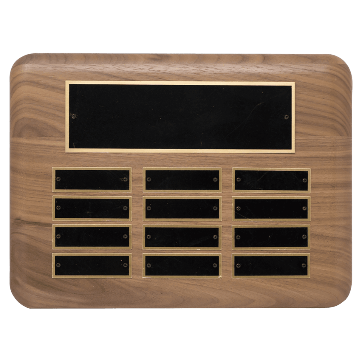 9" x 12"/Plates 7/8" x 2 3/4" American Walnut 12 Plate Perpetual Plaque with Black Brass Plated Steel Plates