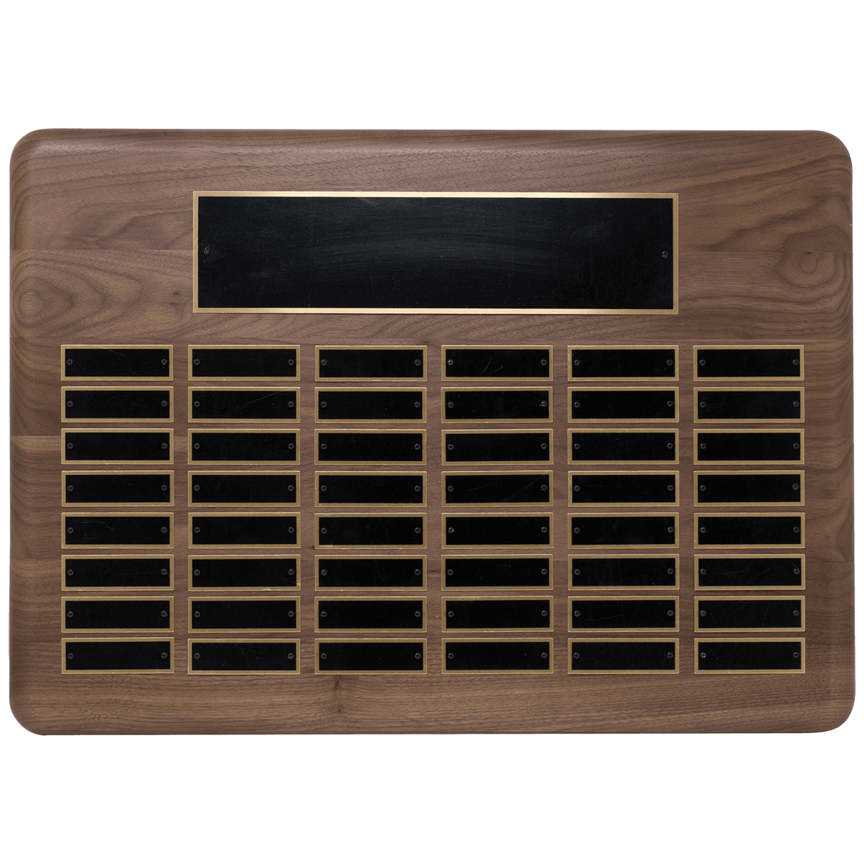 15" x 21"/Plates 7/8" x 2 3/4" American Walnut 48 Plate Perpetual Plaque with Black Brass Plated Steel Plates