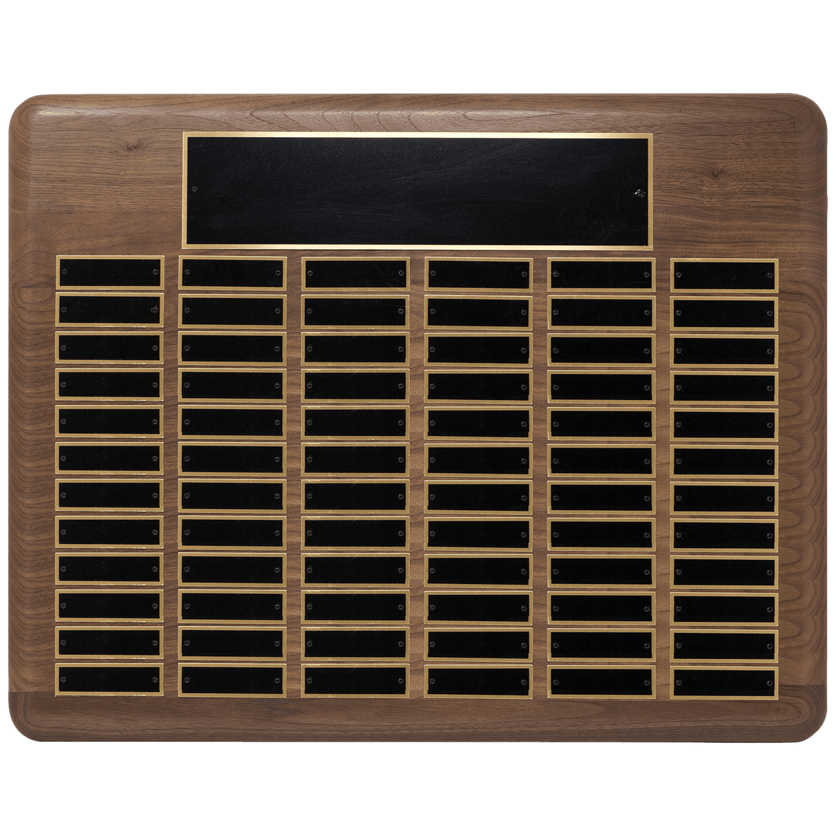 22" x 30"/Plates 7/8" x 2 3/4" American Walnut 72 Plate Perpetual Plaque with Black Brass Plated Steel Plates