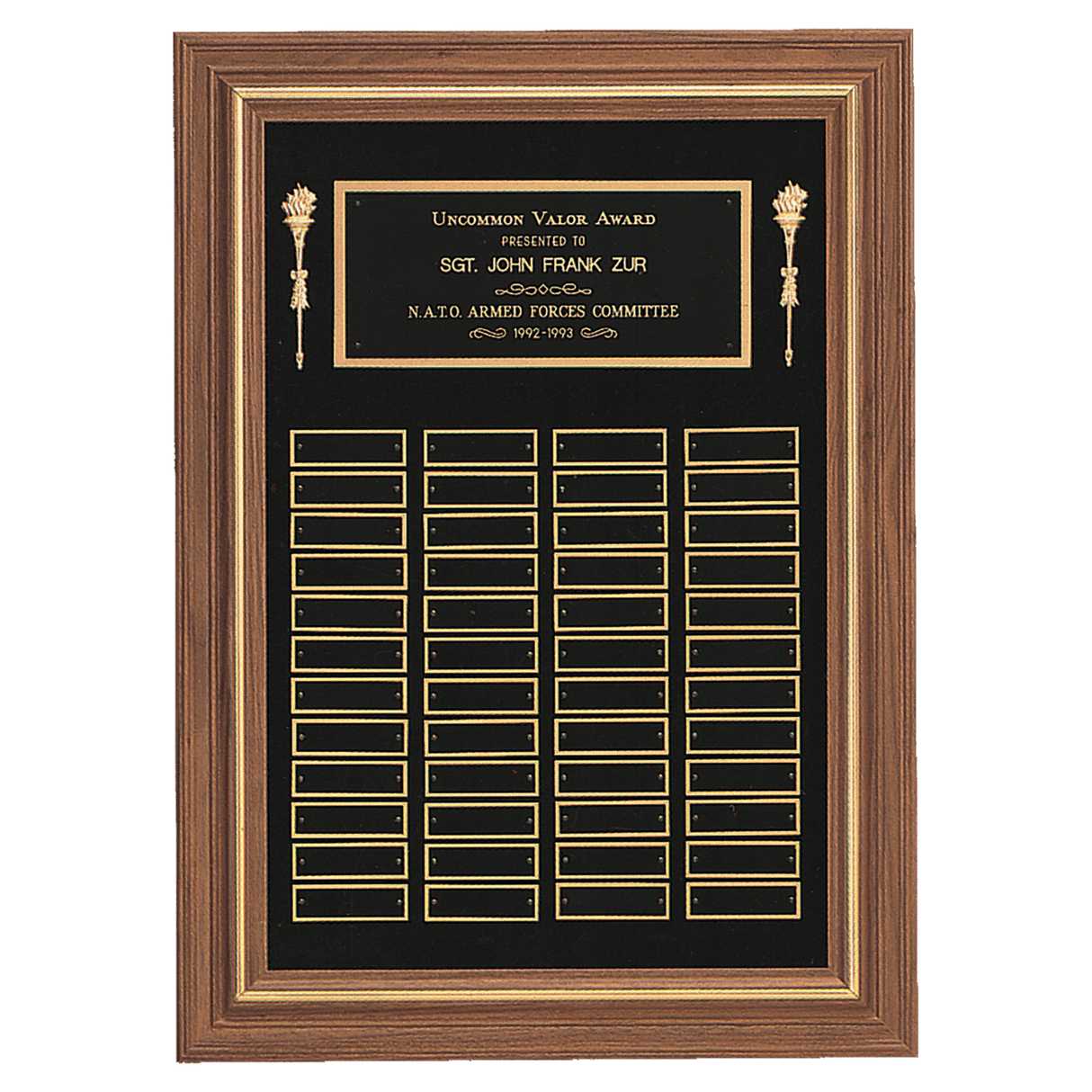 Walnut 36 Plate Perpetual Plaque with Black Brass 18" x 25"/Plates 7/8" x 2 3/4" American Plates