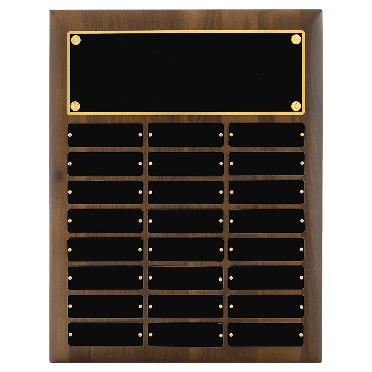 12" x 15"/Plates 1" x 3 1/4"American Walnut 24 Plate Perpetual Plaque with Black Brass Plates