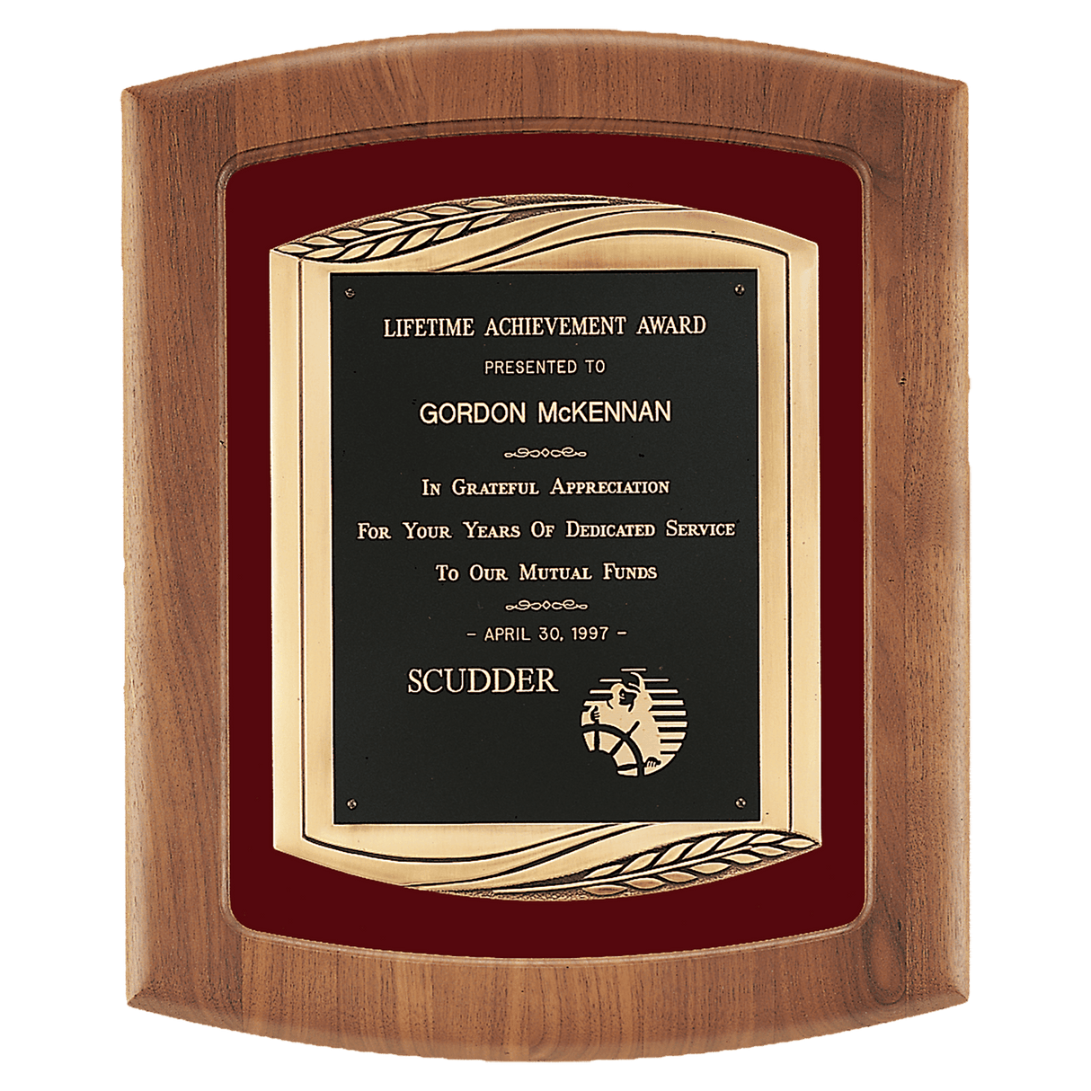 14" x 17" American Walnut Frame with Maroon Velour Background and Black Laser Engravable Plate in an Antique Bronze Finished Frame Casting