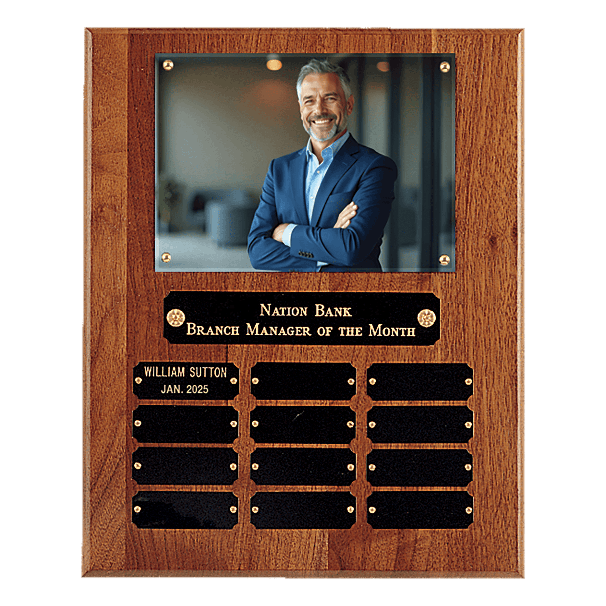 10 1/2" x 13" American Walnut 12 Plate Photo Plaque w/Black Brass Plates-Holds 5" x 7" Photo