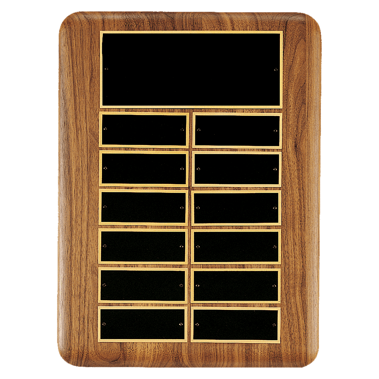 11" x 15"/Plates 1 1/2" x 3 3/4" American Walnut 12 Plate Perpetual Plaque with Black Brass Header Plate