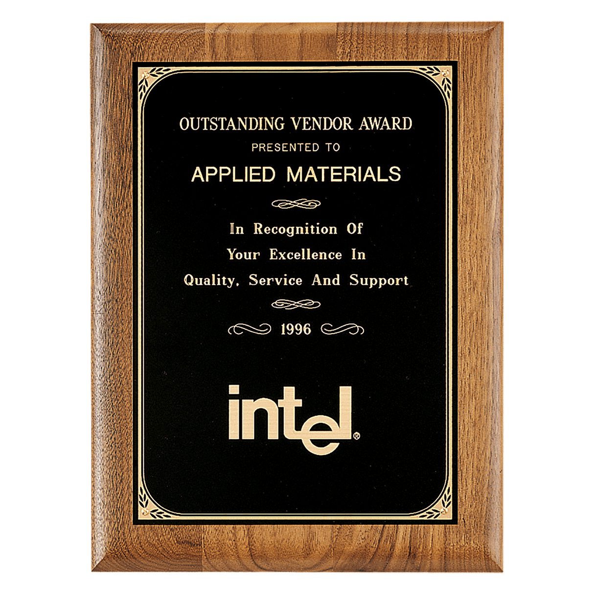 9" x 12" Coventry Series American Walnut Plaque with Gold Border Laserable Black Brass Plate