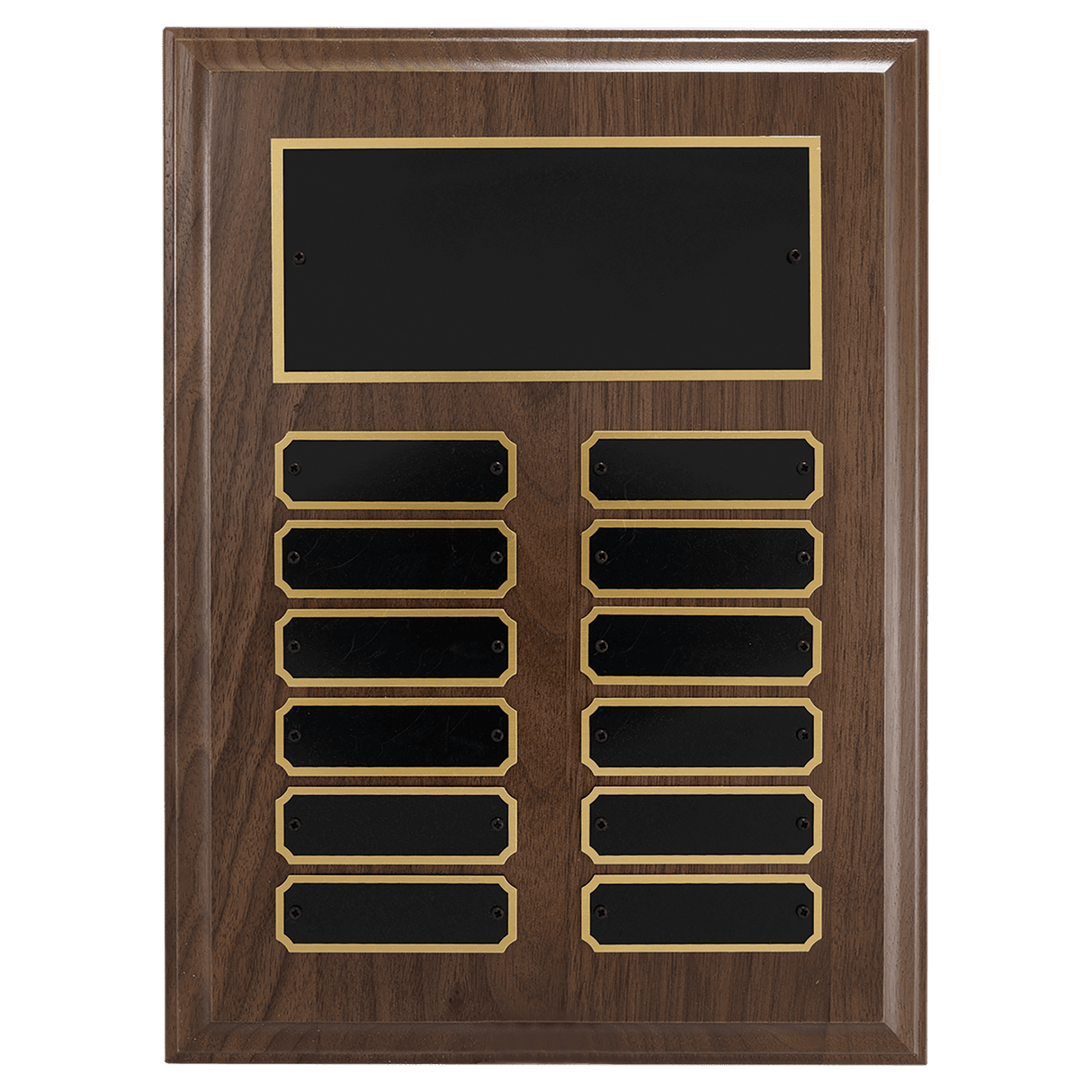 9" x 12"/Plates 7/8" x 2 3/4" Walnut Step-Edge 12 Plate Perpetual Plaque with Black Brass Plate