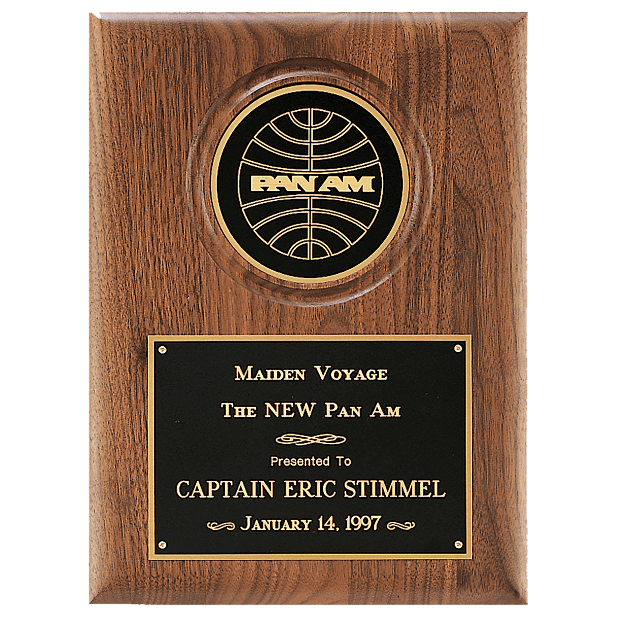 9" x 12" American Walnut Plaque with 4" Diameter Black Disc and Black Brass Plate