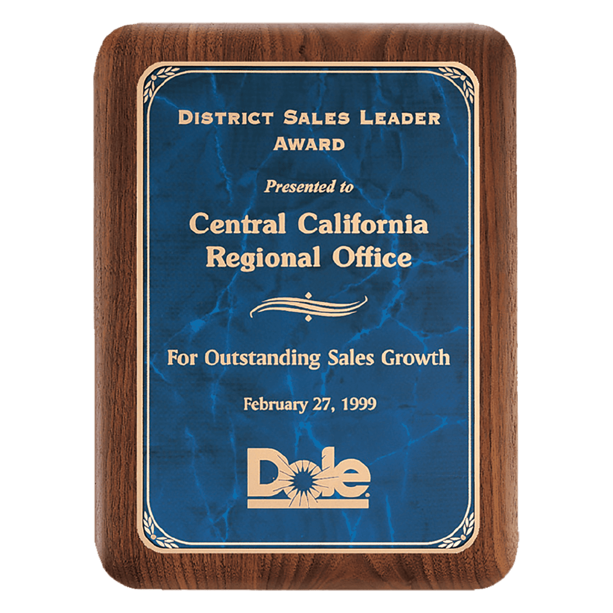 9" x 12" American Walnut Plaque with Gold Border Sapphire Marble LaserFX Plate