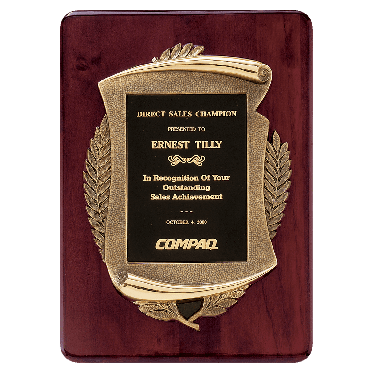 11" x 15" Rosewood Piano Finish Plaque w/Antique Bronze Scroll Frame and Black Brass Plate
