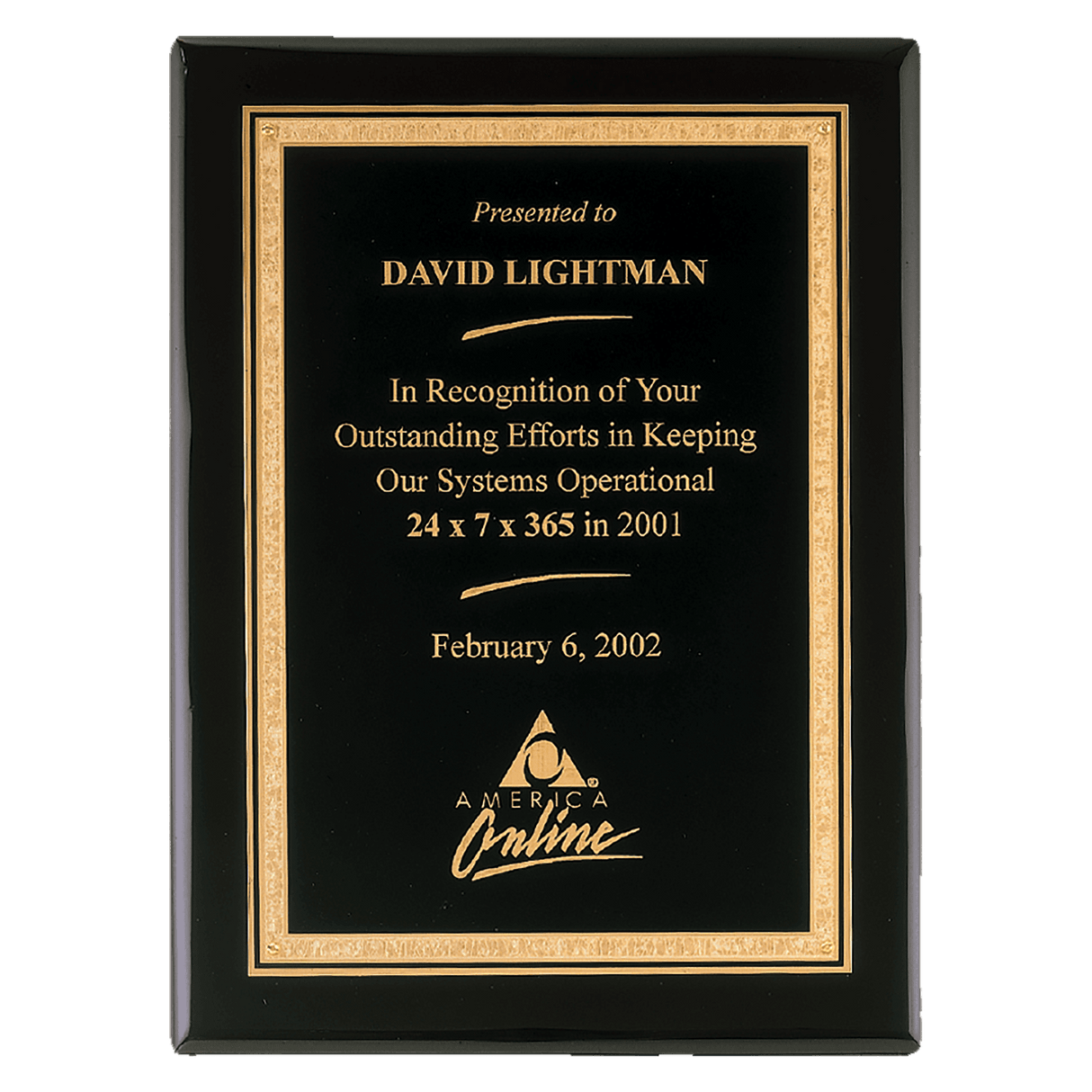 7" x 9" Airflyte Premium Black Piano Finish Plaque with Gold Florentine Border LaserFX Plate