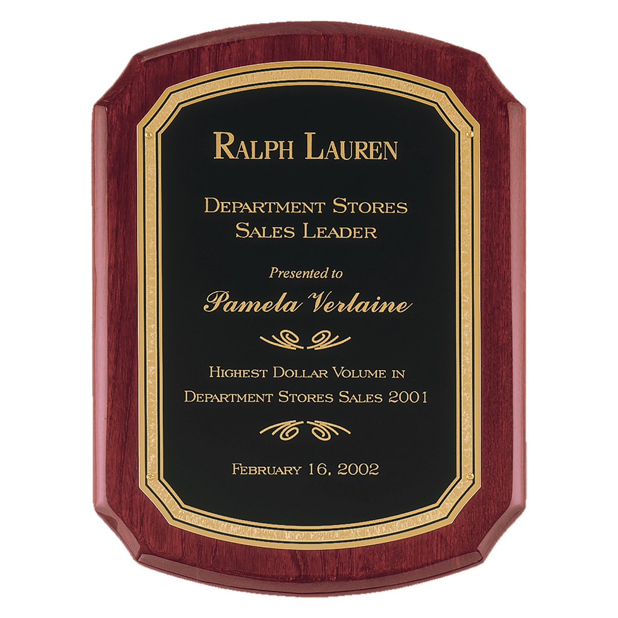101/2" x 13" Airflyte Rosewood Piano Finish Plaque with Black/Gold Florentine Border LaserFX Plate