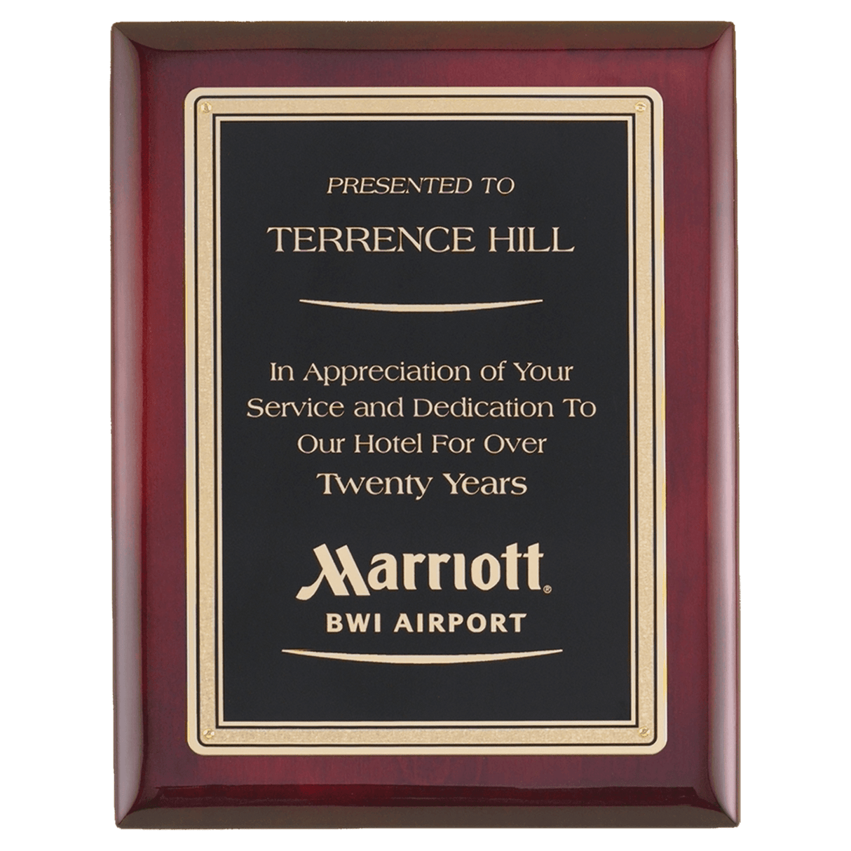 7" x 9" Airflyte Premium Rosewood Piano Finish Plaque with Gold Border Black LaserFX Plate