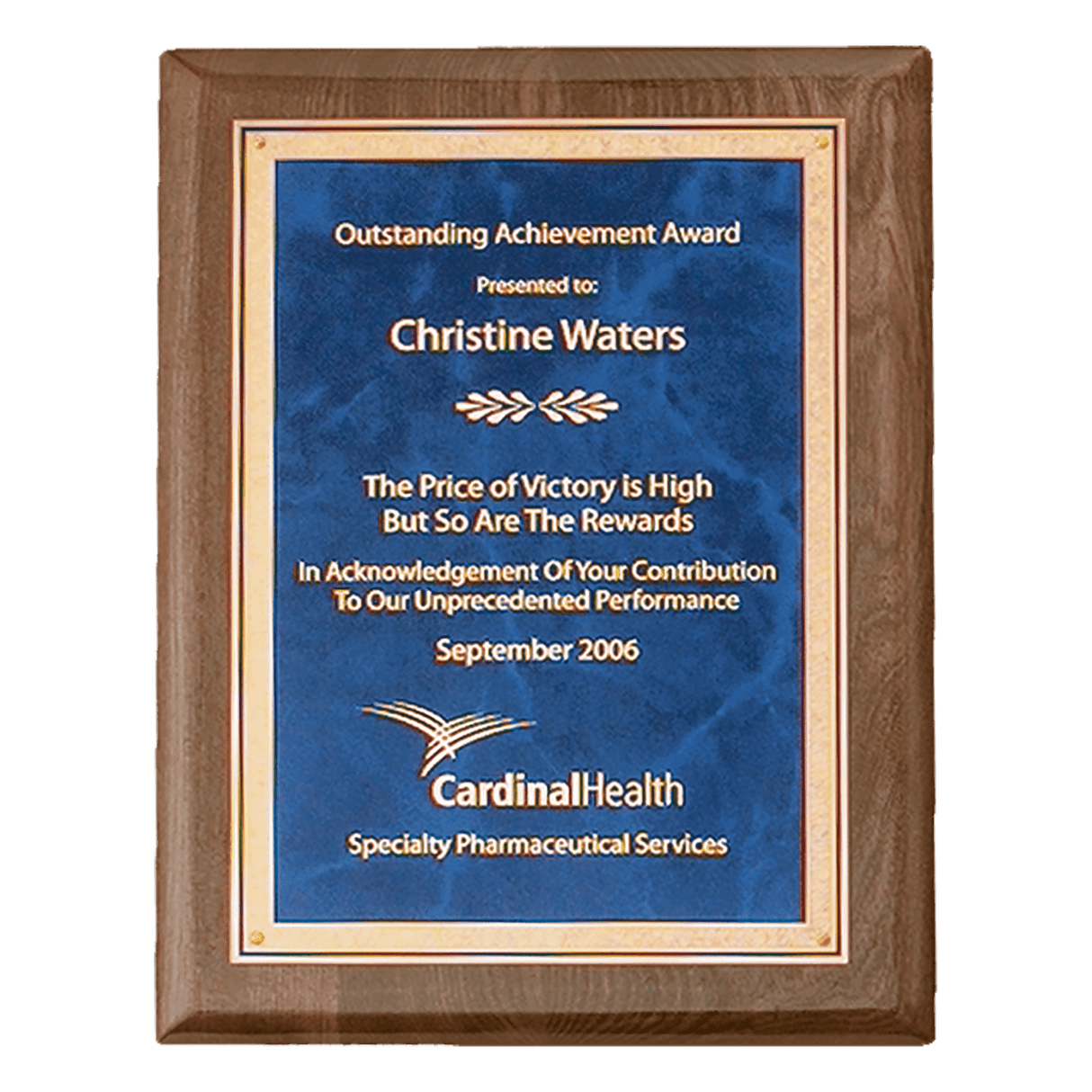 7" x 9" Airflyte Premium Walnut Piano Finish Plaque with Gold Florentine Border Sapphire Marble LaserFX Plate