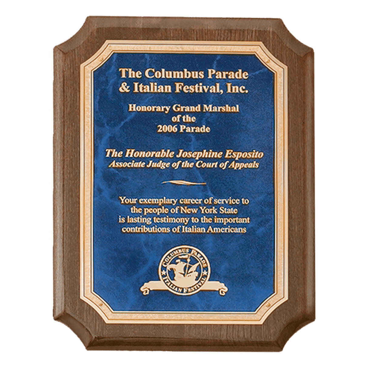 8" x 10 1/2" Airflyte Premium Walnut Piano Finish Plaque with Gold Florentine Border Sapphire Marble LaserFX Plate