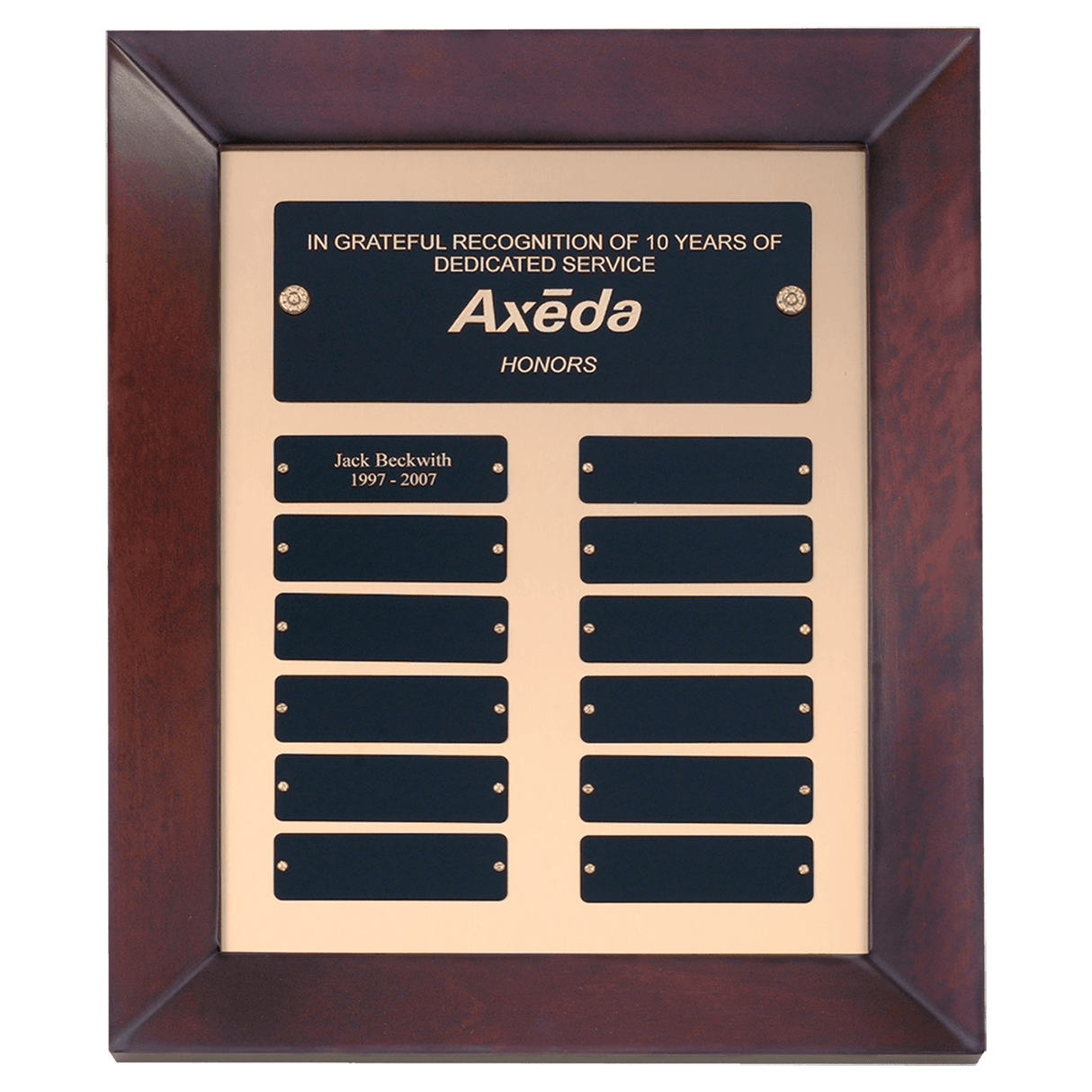 12" x 15" Airflyte Cherry Finish Frame Perpetual Plaque with Gold Metal Background and 12 Laserable Black Brass Plates