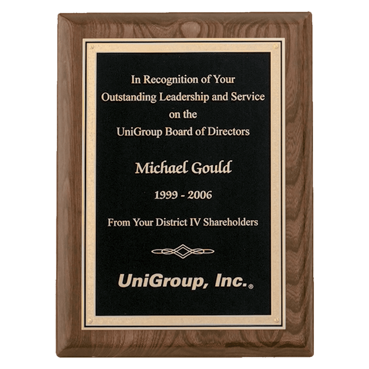8" x 10" Airflyte Walnut Piano Finish Plaque with Textured Black/Gold Florentine Border LaserFX Plate