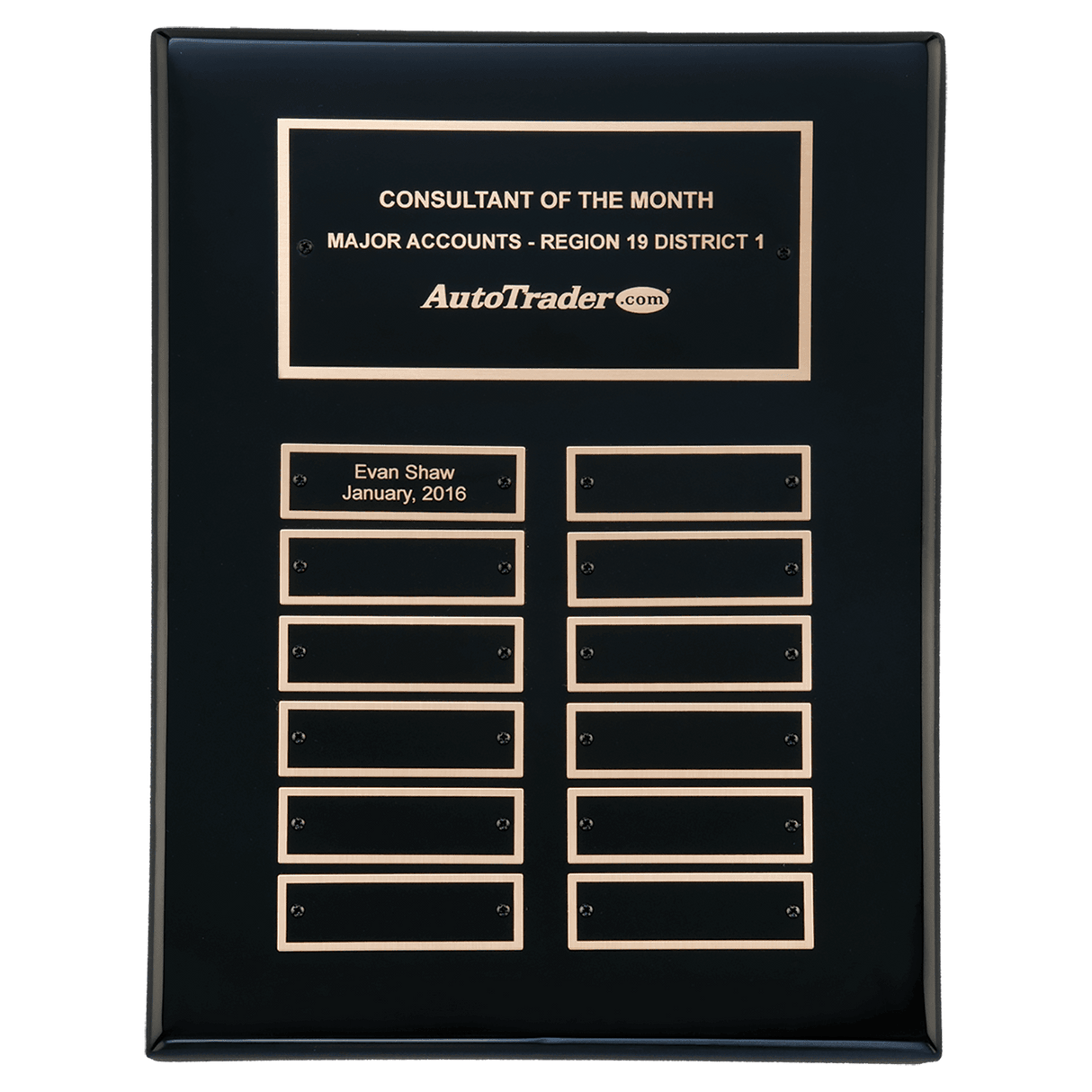 9" x 12" Airflyte Black Piano Finish 12 Plate Perpetual Plaque with Black Brass Plates