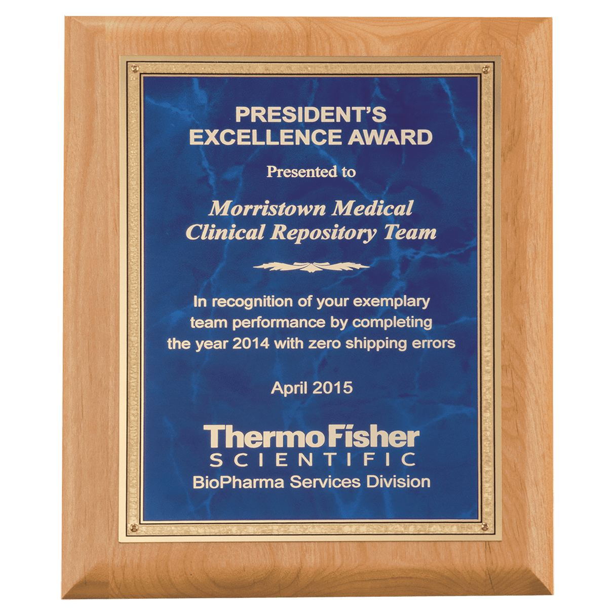 7" x 9" Natural Alder Wood Plaque with Sapphire Marble Gold Florentine Bordered LaserFX Plate