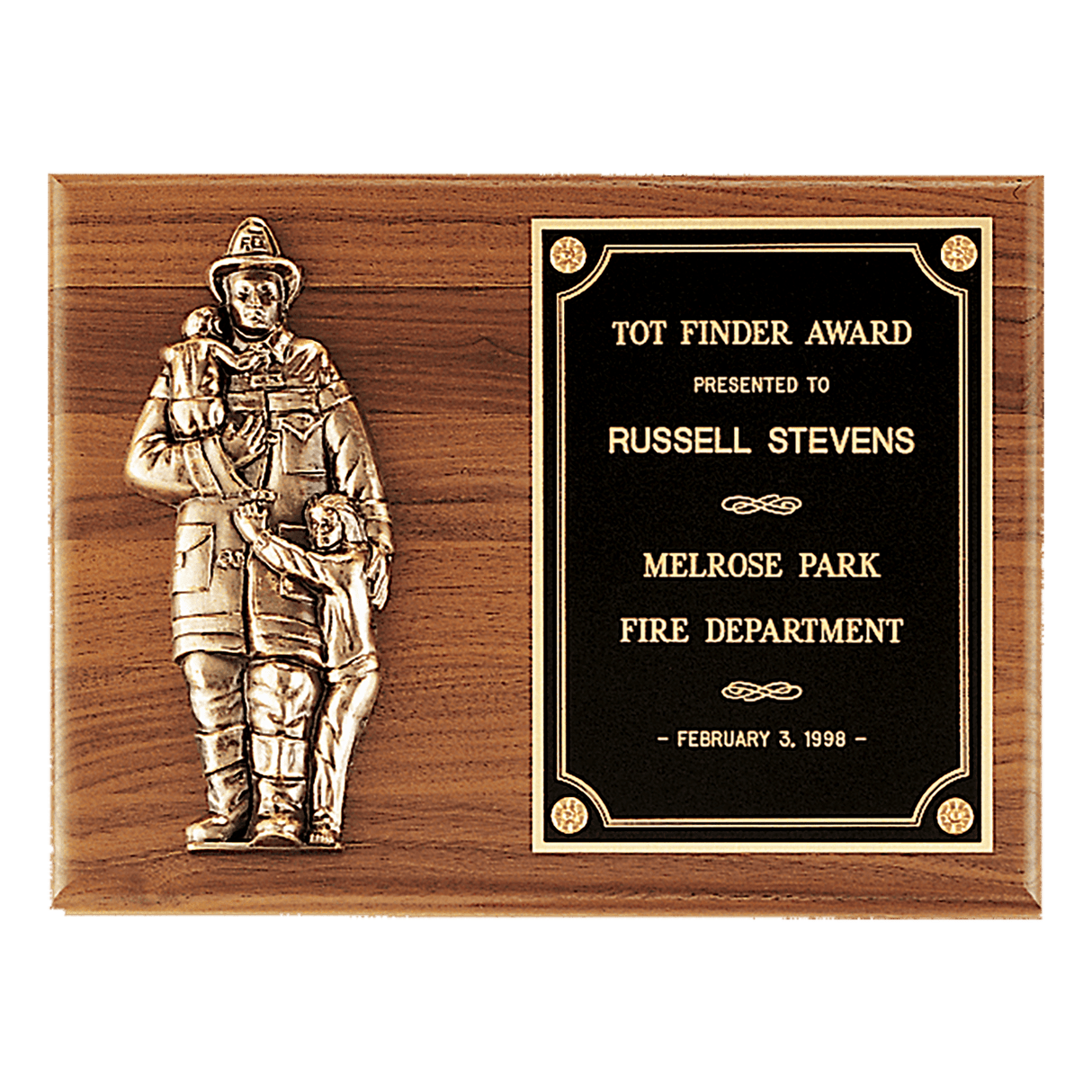 9" x 12" American Walnut Plaque with Firefighter Relief and Black Brass Plate